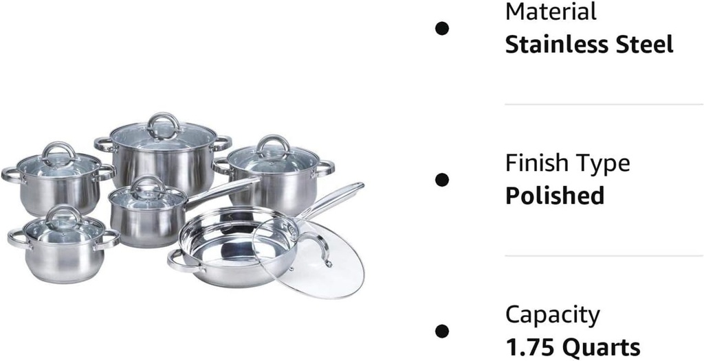 Batterie de cuisine 12 pièces en acier inoxydable avec couvercle en verre