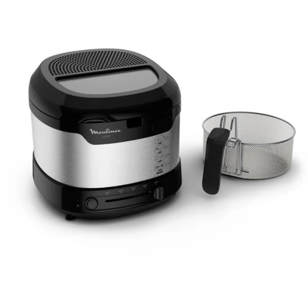 Moulinex Super Uno Friteuse 2,2L Capacité 1,5 kg frites 1900 W Thermostat ajustable Ouverture automatique Nettoyage Facile Cuve anti-adhésive amovible Filtre anti-odeur Anti-projection GRIS/NOIR