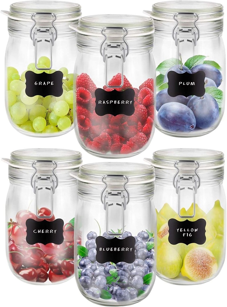 Creative Home Bocal en Verre 1 Litre avec Couvercle Hermétique | Boite conservation alimentaire | Boite Rangement Cuisine | Pot a epices | Inclus des étiquettes et une craie