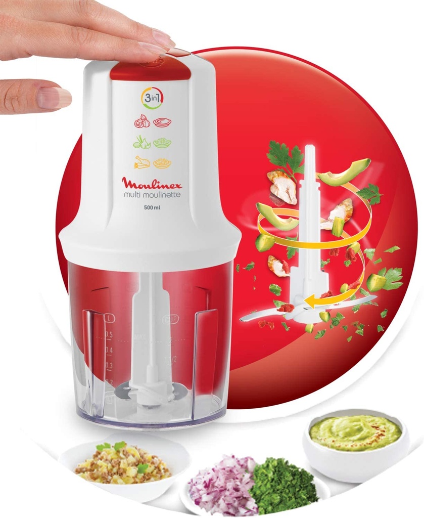 Moulinex Mini Hachoir Électrique Multi Moulinette 3 En 1 Hacher Mixer Emulsionner Mayonnaise Viande Légumes Herbes Epices Fruits Secs 2 Vitesses 400W Blanc