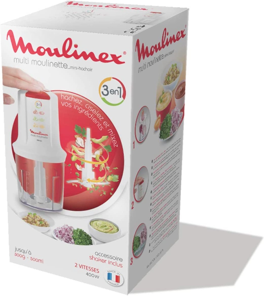 Moulinex Mini Hachoir Électrique Multi Moulinette 3 En 1 Hacher Mixer Emulsionner Mayonnaise Viande Légumes Herbes Epices Fruits Secs 2 Vitesses 400W Blanc